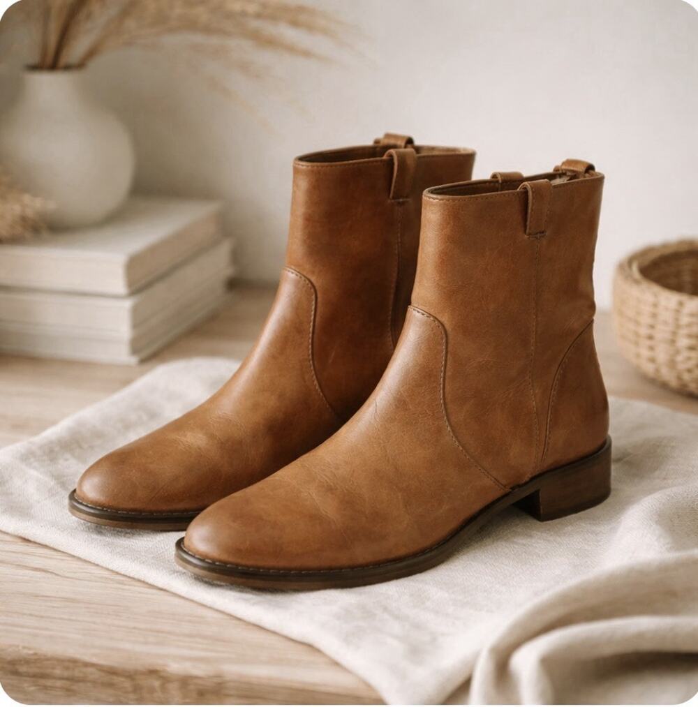 EUC J Crew Slip On Brown Leather Round Toe Boot Size 6 Minimalist Casual Quality